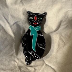 Elegant Black Cat Brooch with Teal Accents